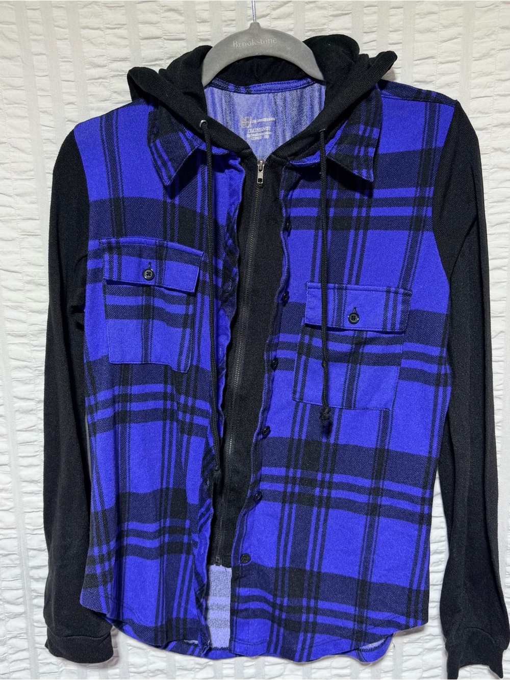 No Boundaries Black and Royal Blue Plaid Hooded Flannel Shirt Jacket